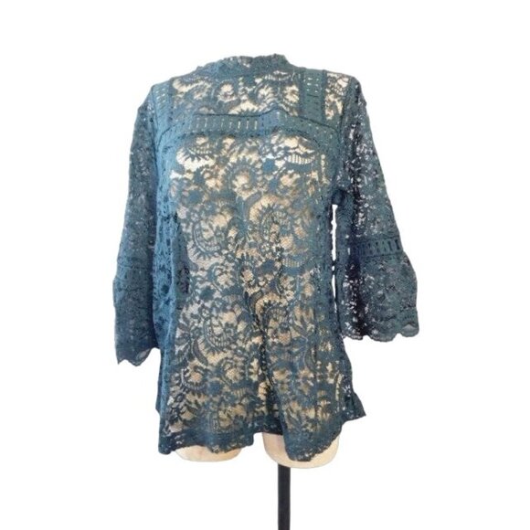 Ann Taylor LOFT Size M Dark Green Lace Semi Sheer Blouse Top - Picture 1 of 2